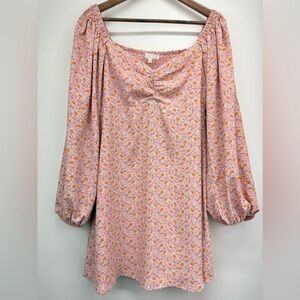 WAYF size Large Women’s Pink Floral Smocked Back Long Sleeve Swing Dress